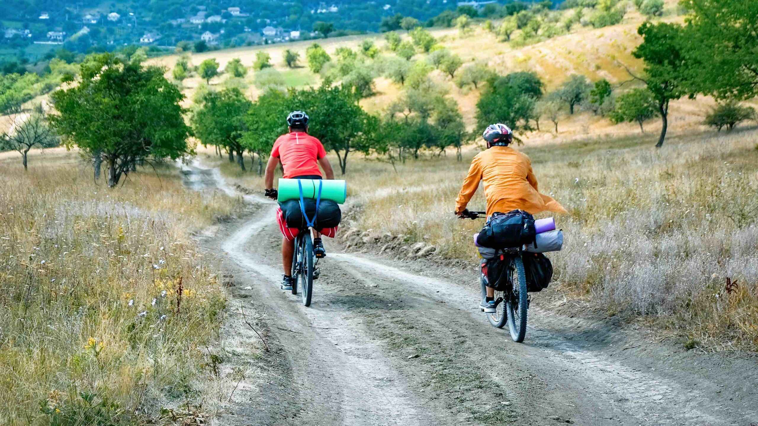 two-cyclists-helmets-with-bicycles-full-traveler-s-stuff-moving-country-road-through-rare-green-trees